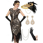 preiswerte Outfits-1920er Cocktailkleid Vintage-Kleid Midlänge Flapper Kleid Outfits Cocktailkleid Der große Gatsby Flapper-Mädchen Hochzeitsgast Pailletten Feder Fransen Damen Karnevalskostüm 7 STK Weihnachten