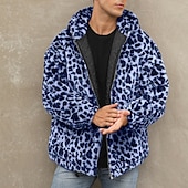 preiswerte Herrenjacken &amp; Herrenmäntel-Herren Winterjacke Fleecejacke Mantel aus Kunstpelz Täglich Urlaub warm Tasche Vlies Herbst Winter Leopard-Druck Modisch Strassenmode Mit Kapuze Standard Gelb Blau Grün Jacken