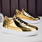 levne Pánské tenisky-pánské zlaté metalické nízké tenisky – stylové šněrovací boty s bílou protiskluzovou podrážkou pro běžné nošení i na párty