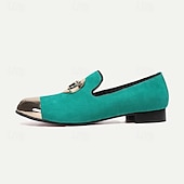 abordables Mocassins en cuir de qualité supérieure-mocassins en daim vert pour hommes avec bout métallique et boucle circulaire – chaussures habillées en cuir de vachette de qualité supérieure pour tenues formelles et décontractées