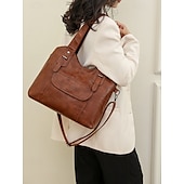 cheap Handbag &amp; Totes-Women&#039;s Vintage Brown Faux Leather Tote Bag with Dual Handles and Adjustable Crossbody Strap – Spacious and Stylish for Everyday Use