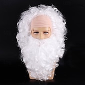 preiswerte Trendige synthetische Perücken-Weihnachtsmann-Bart- und Perückenset, weißer Bart und Perücke, lockige Weihnachtskostüm-Perücke für Männer