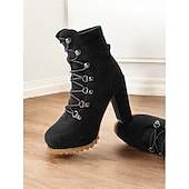 baratos Botas de tornozelo-Botas femininas pretas de salto alto com cadarço e sola resistente – calçado estiloso para trajes casuais e ao ar livre