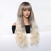 voordelige Synthetische trendy pruiken-24 inch synthetische pruik damespruik blond lang golvend haar met pony mode dagelijks kerstfeest pruiken