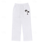 preiswerte Retro-Herren Leinenhose Hose Hosen Sommerhosen Kordelzug Elastische Taille Gerade geschnitten Kokosnussbaum Komfort Atmungsaktiv In voller Länge Outdoor Casual Täglich Modisch Retro Vintage Schwarz Weiß