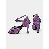 abordables Chaussures de danses latines-chaussures de danse latine à strass violet pour femmes avec lanières croisées, semelle en daim souple et design à bout ouvert - talons hauts étincelants pour la salsa, le tango et la salle de bal