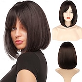 abordables perruque plus âgée-perruque bob avec frange perruques pour femmes look naturel perruque courte avec frange super douce &amp;perruque synthétique résistante à la chaleur avec frange latérale, perruque droite facile à porter