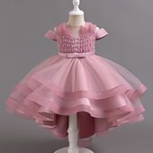 preiswerte Partykleider-kinderkleidung Mädchen Party Kleid Feste Farbe Kurzarm Hochzeit Besondere Anlässe Rüschen Gitter Zip bezaubernd Süß Polyester Asymmetrisch abendkleider Sommer Frühling Herbst 4-13 Jahre Wei
