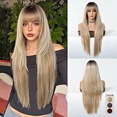 baratos Perucas Sintéticas sem Touca-Perucas sintéticas Uniformes Trajes de carreira Princesa Liso Kinky Liso Parte do meio Corte em Camadas Com Franjas Fabrico à Máquina Peruca 28 polegadas Castanho Claro Cabelo Sintético Mulheres