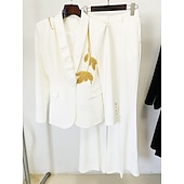 abordables Costumes-pantalons pour maman-Tuxedo noir et blanc Tuxedo deux pièces Mère de la mariée pantalon blazer costumes vintage formel mariage manches longues col haut avec paillettes et franges