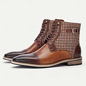 cheap Premium Leather Boots-Men&#039;s Premium Cowhide Leather Ankle Boots – Vintage Houndstooth Pattern with Buckle Detail, Stylish Dress Boots for Formal and Casual Wear