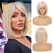 abordables perruque plus âgée-perruque bob avec frange perruques pour femmes look naturel perruque courte avec frange super douce &amp;perruque synthétique résistante à la chaleur avec frange latérale, perruque droite facile à porter