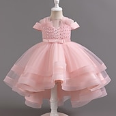 preiswerte Partykleider-kinderkleidung Mädchen Party Kleid Feste Farbe Kurzarm Hochzeit Besondere Anlässe Rüschen Gitter Zip bezaubernd Süß Polyester Asymmetrisch abendkleider Sommer Frühling Herbst 4-13 Jahre Wei