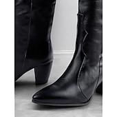 cheap Cowboy &amp; Western Boots-Black Faux Leather Knee-High Western Boots with Pointed Toe and Block Heels – Chic Cowgirl Style for Women