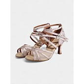 abordables Chaussures de danses latines-chaussures de danse latine à paillettes argentées pour femmes - talons à lanières avec design à double boucle et semelle en daim souple pour les événements de salsa, de salle de bal et de fête