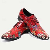 cheap Elemental Dress Shoes-Men&#039;s Red Floral Lace-Up Oxford Shoes – Premium Cowhide Leather with Metal Toe Cap, Stylish Design for Weddings, Parties, and Special Occasions