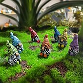 billige Statuer-7 stk mini-nissestatuesett – sjarmerende hagefigurer i harpiks for fehager, plantekasser og hjemmeinnredning – perfekt for utendørs halloween og rustikke temaer