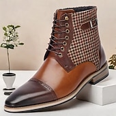 cheap Premium Leather Boots-Men&#039;s Premium Cowhide Leather Ankle Boots – Vintage Houndstooth Pattern with Buckle Detail, Stylish Dress Boots for Formal and Casual Wear
