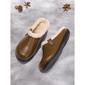 economico Zoccoli e pianelle da donna-Zoccoli invernali da donna in similpelle nera foderati in pile – comode scarpe da casa e da esterno slip-on per il comfort nelle giornate fredde