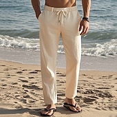 cheap Holiday-Men&#039;s Linen Pants Trousers Summer Pants Beach Pants Drawstring Elastic Waist Straight Leg Plain Comfort Breathable Full Length Daily Holiday Beach Vacation Fashion Black White