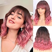 baratos Perucas Sintéticas sem Touca-peruca com franja para mulheres bob ondulado charmosas perucas sintéticas com cabelo natural encaracolado resistente ao calor na altura dos ombros para uso diário em festas