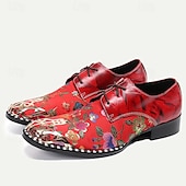 cheap Elemental Dress Shoes-Men&#039;s Red Floral Lace-Up Oxford Shoes – Premium Cowhide Leather with Metal Toe Cap, Stylish Design for Weddings, Parties, and Special Occasions