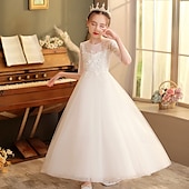 billige Blomsterkjoler-Blomsterpikekjole Barn Jente Prinsesse kjole Ytelse Bryllup Fest Elegant Vakker Netting Helfarge Kortermet Crew-hals Hvit Champagne 4 år +