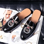 preiswerte Clogs &amp; Pantoletten für Herren-Herren-Loafer aus besticktem Lackleder, Pantoletten zum Hineinschlüpfen ohne Fersenteil mit Kronenemblem und Metallschnallendetail, perfekt für elegante und legere Anlässe