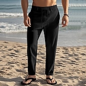 cheap Holiday-Men&#039;s Linen Pants Trousers Summer Pants Beach Pants Drawstring Elastic Waist Straight Leg Plain Comfort Breathable Full Length Daily Holiday Beach Vacation Fashion Black White