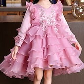 preiswerte Partykleider-kinderkleidung Mädchen Party Kleid Blume Langarm Hochzeit Besondere Anlässe Patchwork Zip bezaubernd Süß Baumwolle Polyester Asymmetrisch abendkleider Sommer Frühling Herbst 4-13 Jahre Weiß Rosa Rote