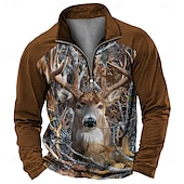 preiswerte Poloshirt mit Animalprint für Herren-Herren Hirsch Poloshirts mit Reißverschluss Langarm Polo-Shirts Hemden mit Kragen Vintage Lässig Outdoor Straße Alltagskleidung 3D-Druck Frühling Herbst Winter Schwarz Braun Khaki