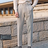 cheap Slim-Men&#039;s Dress Pants Woolen Pants Trousers Pleated Pants Suit Pants Pocket Plain Comfort Soft Full Length Party Business Daily Elegant Fashion Dark Gray Beige