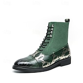 abordables Bottes habillées-bottines de luxe vertes pour hommes | similicuir à motif serpent avec bout en relief crocodile et design à lacets