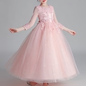 preiswerte Kleider für die Blumenmädchen-Blumenmädchenkleid Kinder Mädchen Prinzessinenkleid Leistung Hochzeit Party Elegant Schön Gitter Feste Farbe Langarm Rundhalsausschnitt Weinrot Weiß 4 Jahre +
