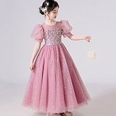 voordelige Bloemenjurken-Bloemenmeisjesjurk kinderen Voor meisjes Prinses jurk Prestatie Bruiloft Feest Elegant Mooi Netstof Effen Kleur Korte mouw Strakke ronde hals Wit Blozend Roze 4 jaar +