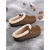 economico Zoccoli e pianelle da donna-Zoccoli invernali da donna in similpelle nera foderati in pile – comode scarpe da casa e da esterno slip-on per il comfort nelle giornate fredde