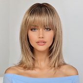 abordables Perruques Synthétiques Sans Bonnet-Perruque Synthétique Droit Avec Frange Perruque Court Brun foncé Marron Ombre Blonde ombrée Cheveux Synthétiques Femme Blond Marron