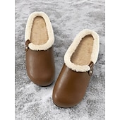 economico Zoccoli e pianelle da donna-Zoccoli invernali da donna in similpelle nera foderati in pile – comode scarpe da casa e da esterno slip-on per il comfort nelle giornate fredde
