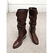 cheap Slouch Boots-Women&#039;s Brown Mid-Calf Slouchy Boots with Decorative Buckle and Low Block Heel – Casual Western Style, Perfect for Fall and Winter Fashion
