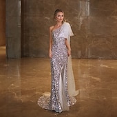 abordables Long Dresses &amp; Gowns-Mermaid Trumpet Sweep Brush Train Prom Dresses Elegant High Split Sleeveless One Shoulder Prom Wedding Tulle with Feather Glitter