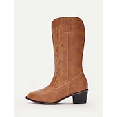 tanie Kowboj i zachodnie buty-damskie kowbojskie buty w stylu western – klasyczne, sięgające do połowy łydki, brązowe, ze sztucznej skóry z haftowanym wzorem, idealne na co dzień, na festiwale i do strojów wiejskich
