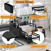 cheap Storage Racks-Tableware drying rack 2-layer utensil drain rack with detachable utensil rack and swivel joint durable high carbon steel material larger capacity easy to install black