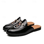 preiswerte Clogs &amp; Pantoletten für Herren-Herren-Loafer aus besticktem Lackleder, Pantoletten zum Hineinschlüpfen ohne Fersenteil mit Kronenemblem und Metallschnallendetail, perfekt für elegante und legere Anlässe