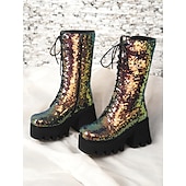 baratos Botas com salto-botas plataforma femininas com cadarço e lantejoulas – botas de salto grosso verde e azul brilhantes para festas, festivais e cosplay