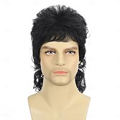 cheap Mens Wigs-Mullet Wig Black Men Wigs 80s Curly Male Wig Halloween Costumes Punk Rocker Wig Long