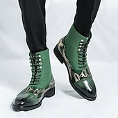 abordables Bottes habillées-bottines de luxe vertes pour hommes | similicuir à motif serpent avec bout en relief crocodile et design à lacets
