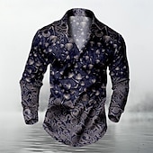 preiswerte Herren Satin Hemd-Herren Bäume / Blätter Satinhemd Knopfhemd Langarm Modisch lässig Urlaub Party-Abendgarderobe Alltagskleidung Sommer Frühling Herbst Hemden mit Kragen 3D-Druck Blau
