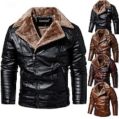 billiga Skinnimiterad jacka-Herr Imitationsläderjacka Fleece-jacka Bikerjacka Motorcykeljacka Dagligen Semester Vindtät Håller värmen Ficka Höst vinter Slät Mode Klassisk Kavajslag Normal Svart Rubinrött Brun Kaffe Jacka