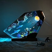 preiswerte Tischlampen-handgefertigtes Nachtlicht aus Ozeanharz, Nachtlicht aus Delfin- und Schildkrötenharz, Taucherpaar erkundet Unterwasserwelt, Clownfische, Wassergras, USB-Tischlampe aus Holz für Zuhause &amp;Bürodekor,