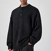 cheap Men&#039;s Pullover Sweater-Men&#039;s Pullover Sweater Jumper Knit Sweater Pullover Polo Sweater Ribbed Knit Regular Knitted Plain Henley Fashion Basic Vacation Daily Wear Clothing Apparel Fall &amp; Winter Black Light Grey M L XL